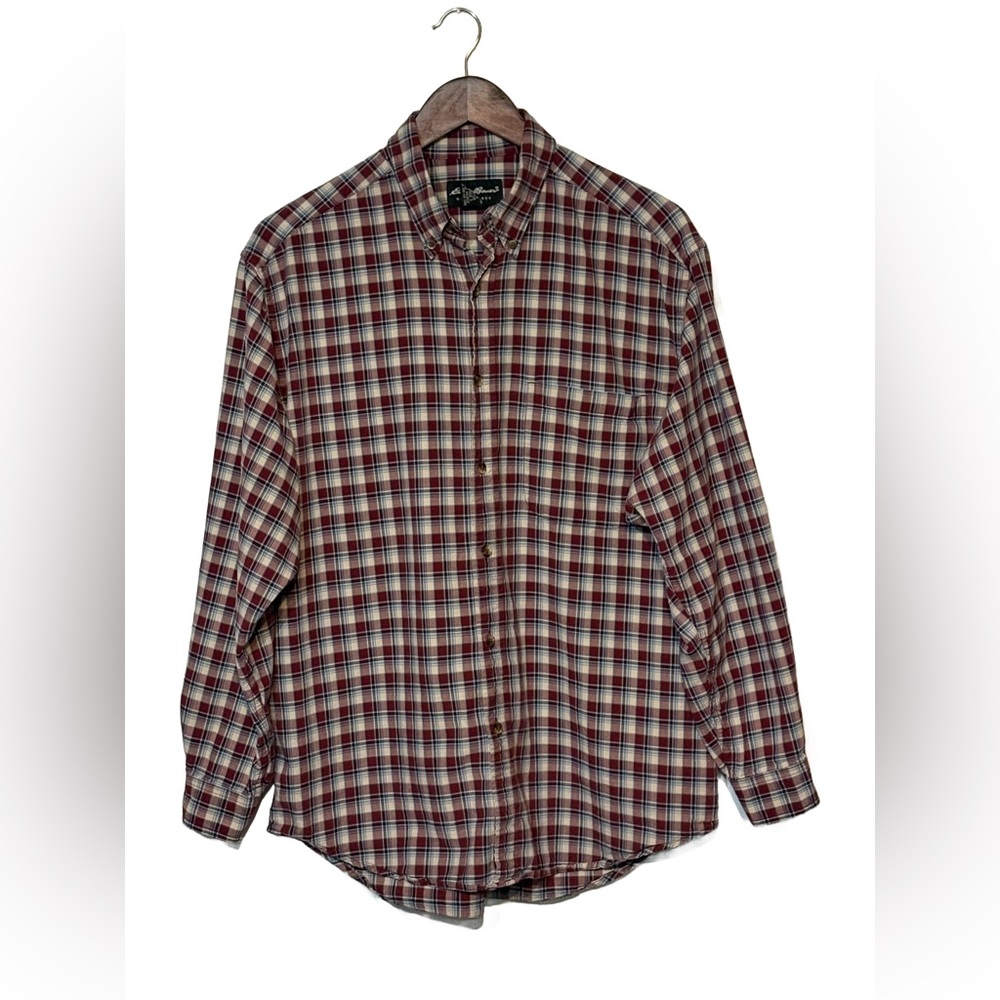 🪵 Eddie Bauer Plaid Shirt • Men’s M • Burgundy Blue • 100% Cotton Vibes